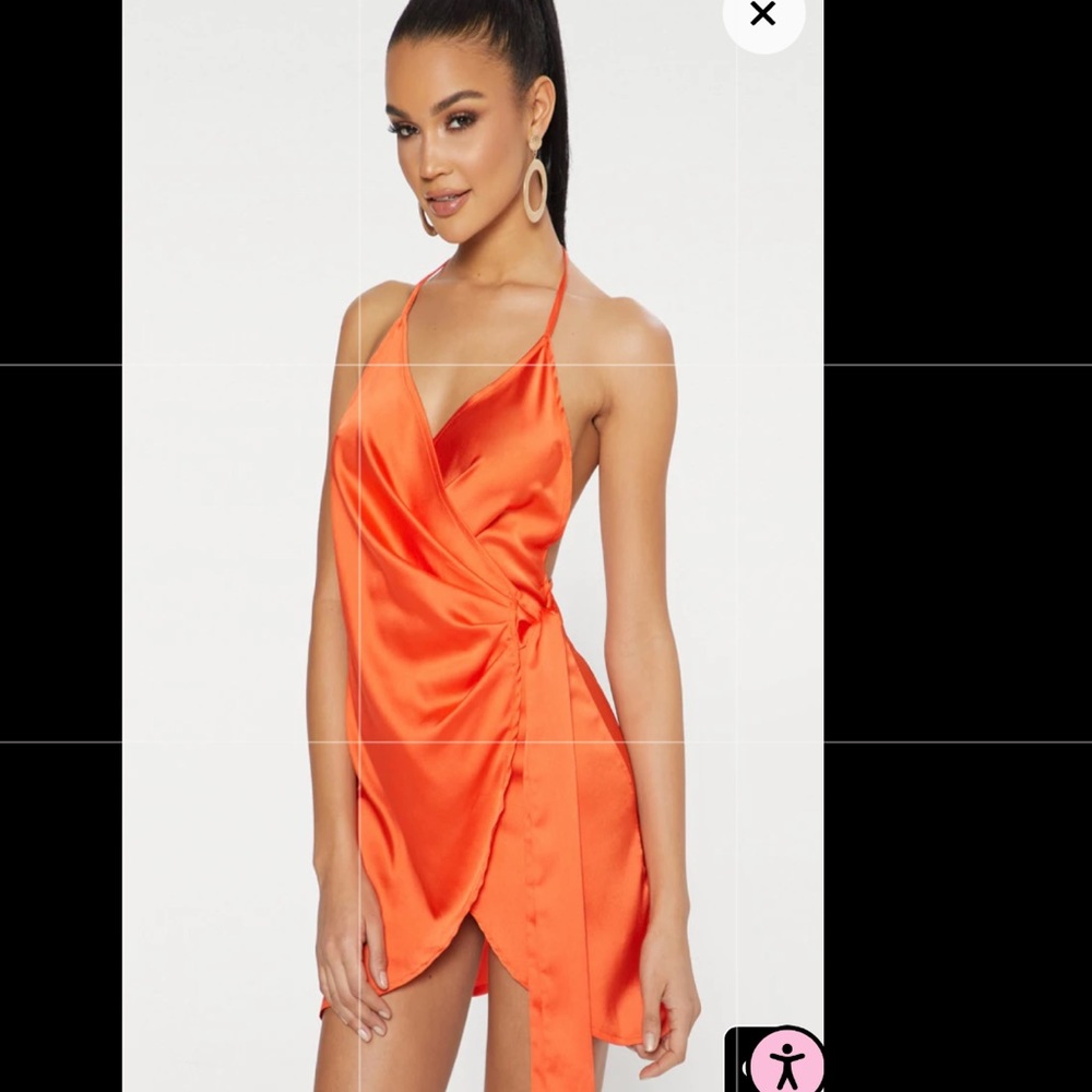 Orange Satin Halterneck Wrap Bodycon Dress